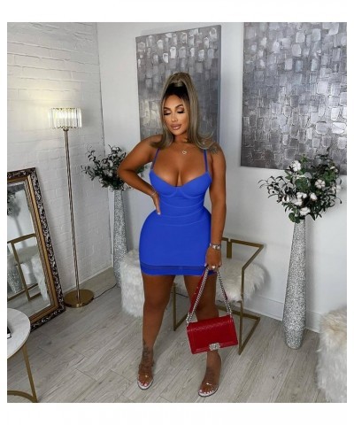 Sexy Spaghetti Strap Bodycon Mini Dress for Women Sweetheart Neck Mesh Hem Club Party Night Short Dresses B Blue $17.81 Dresses