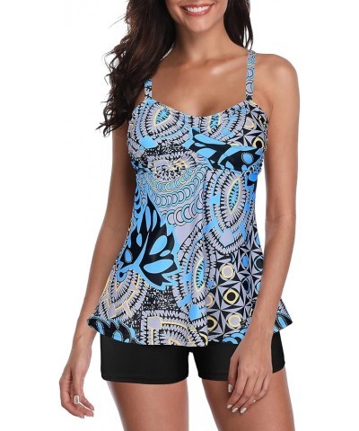 2024 Two Piece Womens Tankini Swimsuits Modest Tankini Bathing Suit Tops with Shorts Tummy Control Swimwear Blue Printing $21...