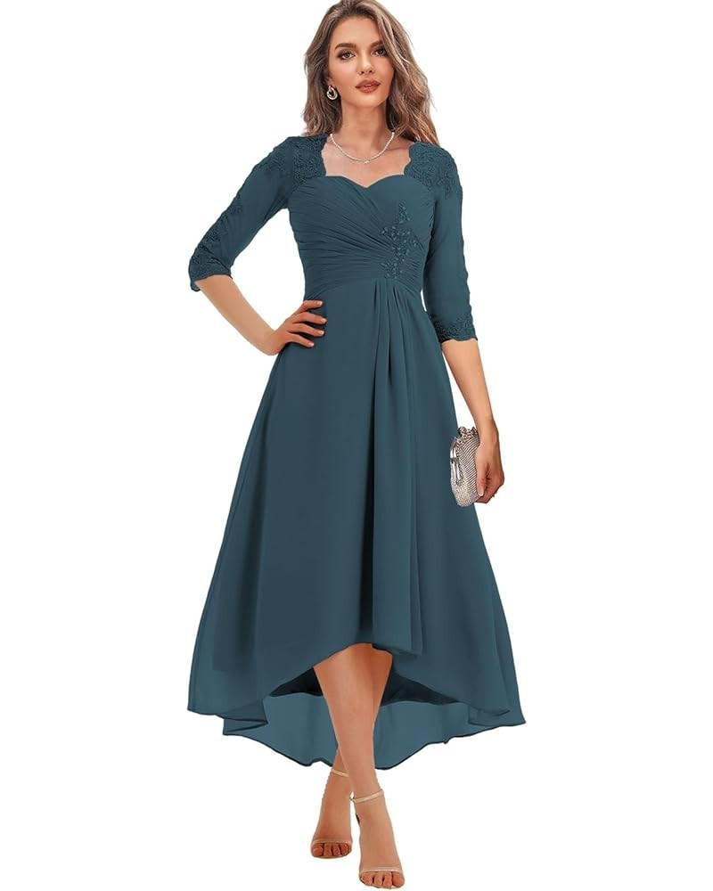 Tea Length Mother of The Bride Dresses with Sleeves Chiffon Ruched Lace High Low Formal Evening Dress for Wedding Peacock $41...