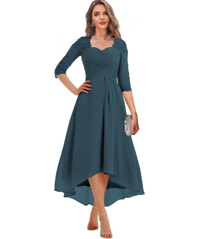 Tea Length Mother of The Bride Dresses with Sleeves Chiffon Ruched Lace High Low Formal Evening Dress for Wedding Peacock $41...