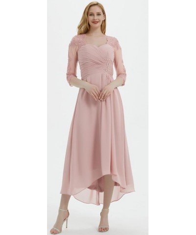 Tea Length Mother of The Bride Dresses with Sleeves Chiffon Ruched Lace High Low Formal Evening Dress for Wedding Peacock $41...