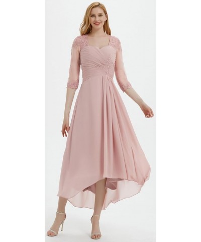 Tea Length Mother of The Bride Dresses with Sleeves Chiffon Ruched Lace High Low Formal Evening Dress for Wedding Peacock $41...