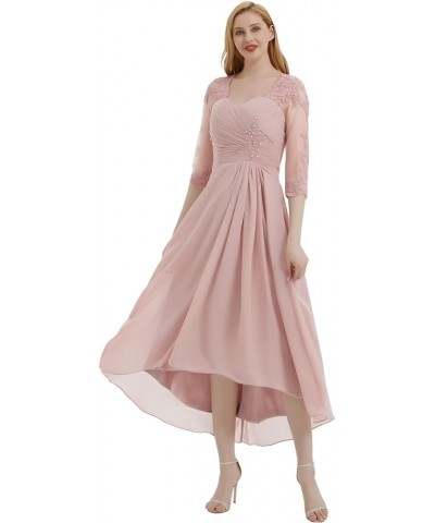 Tea Length Mother of The Bride Dresses with Sleeves Chiffon Ruched Lace High Low Formal Evening Dress for Wedding Peacock $41...