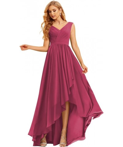 Women's High Low Bridesmaid Dresses Long Ruched Chiffon V Neck Formal Evening Party Dress with Pockets CM086 Fuchsia $31.27 D...