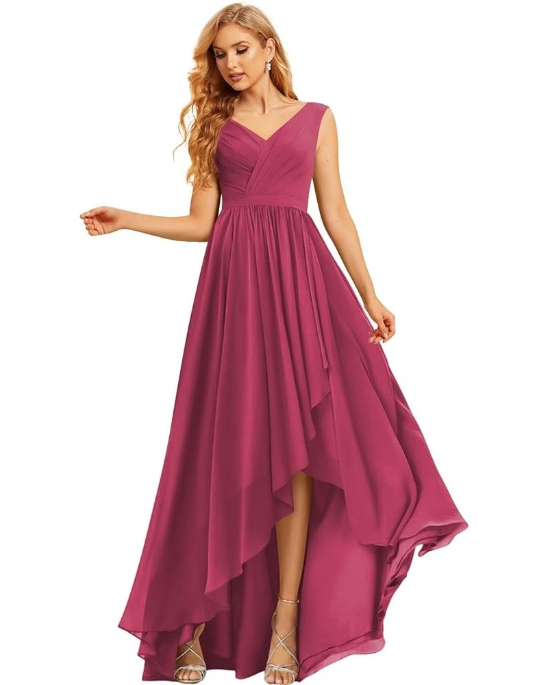 Women's High Low Bridesmaid Dresses Long Ruched Chiffon V Neck Formal Evening Party Dress with Pockets CM086 Fuchsia $31.27 D...