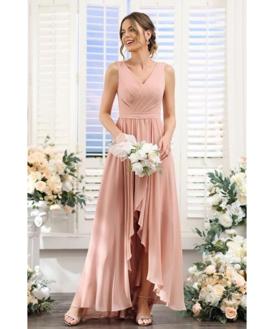 Women's High Low Bridesmaid Dresses Long Ruched Chiffon V Neck Formal Evening Party Dress with Pockets CM086 Fuchsia $31.27 D...