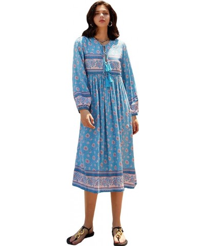 Women's Long Sleeve Floral Print Retro V Neck Tassel Bohemian Midi Dresses Haze Blue $16.38 Dresses