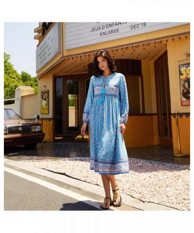 Women's Long Sleeve Floral Print Retro V Neck Tassel Bohemian Midi Dresses Haze Blue $16.38 Dresses