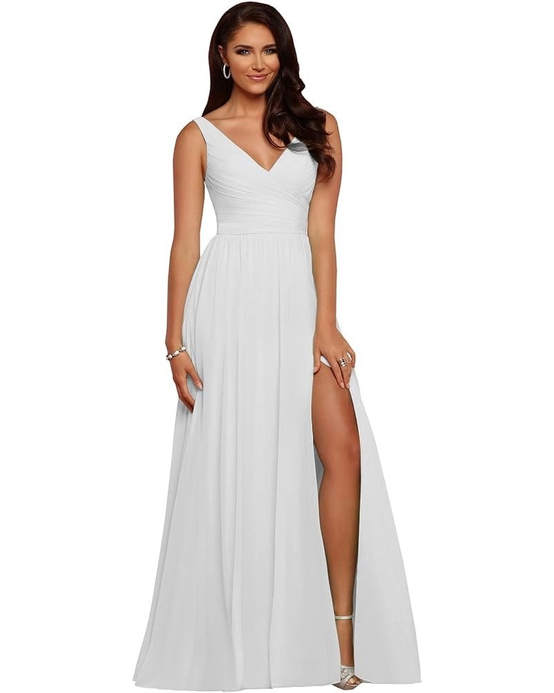 Women's V Neck Bridesmaid Dresses with Slit Chiffon Pleated Formal Evening Party Dress White $28.00 Dresses