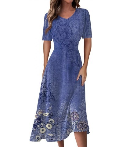 Women's Spring Dresses 2024 Short Sleeve V Neck High Waist Chiffon Dress Summer Swing Maxi Dresses 04-blue $25.64 Others