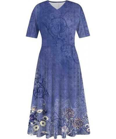 Women's Spring Dresses 2024 Short Sleeve V Neck High Waist Chiffon Dress Summer Swing Maxi Dresses 04-blue $25.64 Others