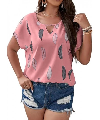 Plus Size Tops for Women Feather Print Blouse Keyhole Neck Short Sleeve Shirts Loose Fit T Shirt Summer Work Shirts Pink $7.0...