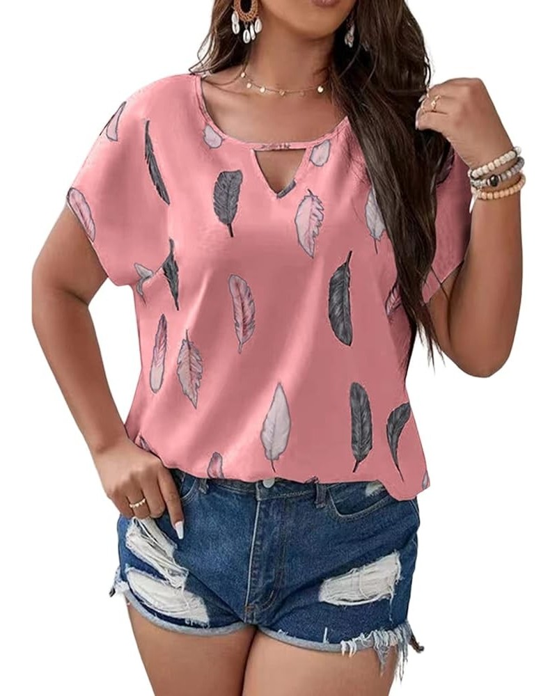 Plus Size Tops for Women Feather Print Blouse Keyhole Neck Short Sleeve Shirts Loose Fit T Shirt Summer Work Shirts Pink $7.0...