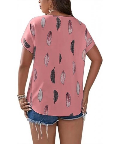 Plus Size Tops for Women Feather Print Blouse Keyhole Neck Short Sleeve Shirts Loose Fit T Shirt Summer Work Shirts Pink $7.0...