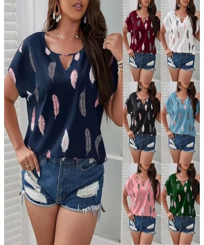 Plus Size Tops for Women Feather Print Blouse Keyhole Neck Short Sleeve Shirts Loose Fit T Shirt Summer Work Shirts Pink $7.0...