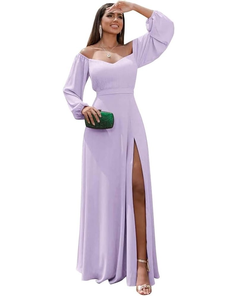 Off Shoulder Bridesmaid Dresses for Women Long Sleeve Chiffon Formal Evening Party Prom Dress with Slit Lilac $33.05 Dresses