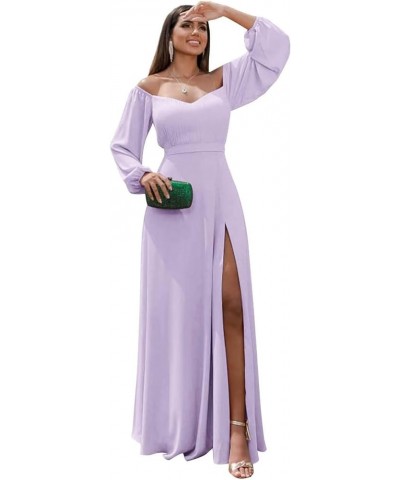 Off Shoulder Bridesmaid Dresses for Women Long Sleeve Chiffon Formal Evening Party Prom Dress with Slit Lilac $33.05 Dresses