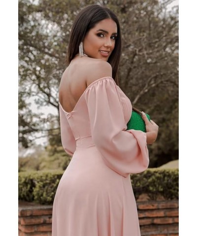 Off Shoulder Bridesmaid Dresses for Women Long Sleeve Chiffon Formal Evening Party Prom Dress with Slit Lilac $33.05 Dresses