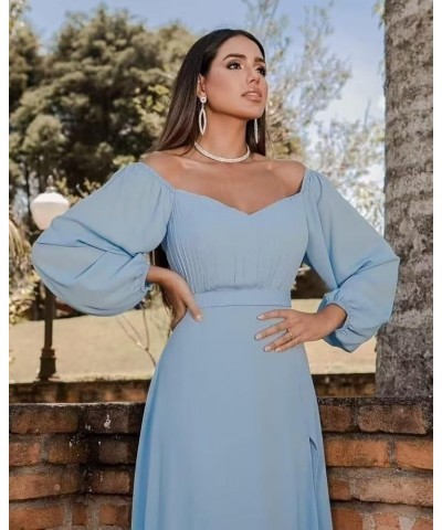 Off Shoulder Bridesmaid Dresses for Women Long Sleeve Chiffon Formal Evening Party Prom Dress with Slit Lilac $33.05 Dresses