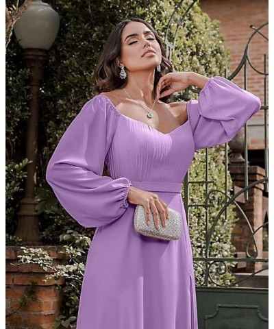 Off Shoulder Bridesmaid Dresses for Women Long Sleeve Chiffon Formal Evening Party Prom Dress with Slit Lilac $33.05 Dresses