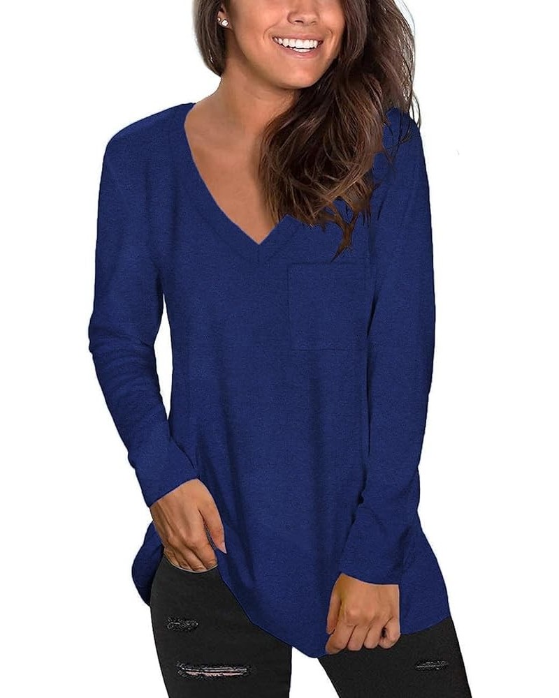 Women's Long Sleeve V-Neck Shirts Loose Casual Tee T-Shirt with Pocket D09-royal Blue $10.90 Tops