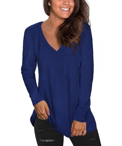 Women's Long Sleeve V-Neck Shirts Loose Casual Tee T-Shirt with Pocket D09-royal Blue $10.90 Tops