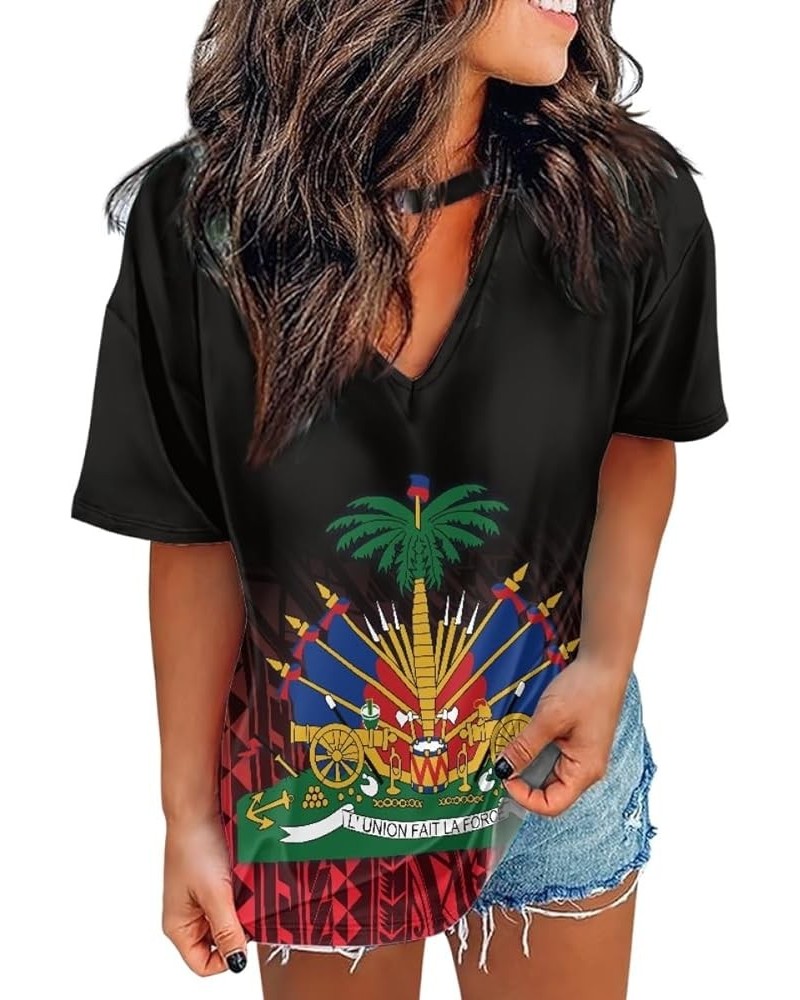 Womens Summer Tops Casual Polynesian Floral Short Sleeve Hawaii Beach Tee T Shirts Haitian Flag Island $10.19 T-Shirts