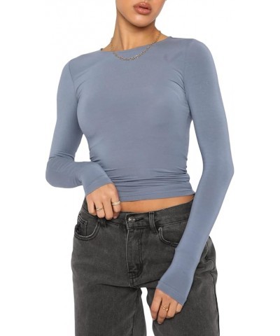 Women Slim Fitted Long Sleeve Going Out Top Y2K Sexy Crewneck Crop Tops Solid Color Tight T Shirt Fall Basic Clothes A Blue $...