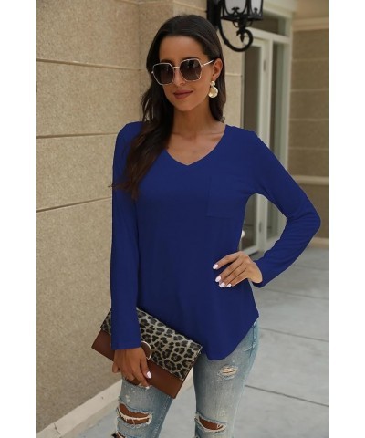 Women's Long Sleeve V-Neck Shirts Loose Casual Tee T-Shirt with Pocket D09-royal Blue $10.90 Tops