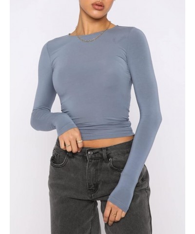 Women Slim Fitted Long Sleeve Going Out Top Y2K Sexy Crewneck Crop Tops Solid Color Tight T Shirt Fall Basic Clothes A Blue $...