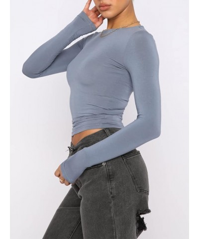 Women Slim Fitted Long Sleeve Going Out Top Y2K Sexy Crewneck Crop Tops Solid Color Tight T Shirt Fall Basic Clothes A Blue $...