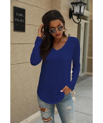 Women's Long Sleeve V-Neck Shirts Loose Casual Tee T-Shirt with Pocket D09-royal Blue $10.90 Tops