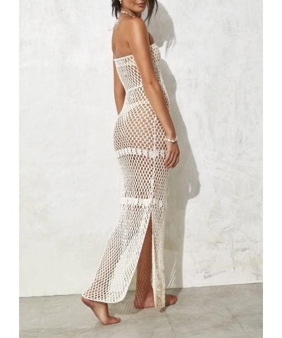 Crochet Knit Hollow Out Maxi Dress Elegant See Through Beach Dress High Waist Sleeveless Swimwear Cover Up Dress Milk White 2...