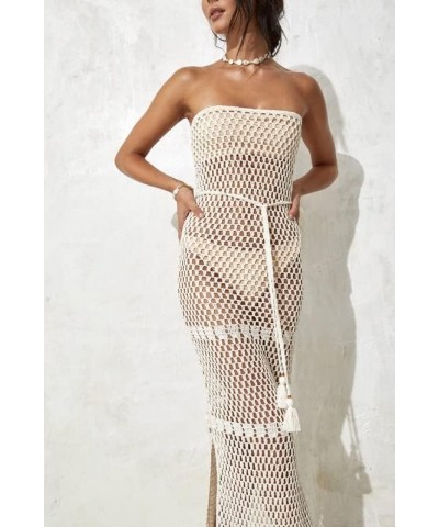 Crochet Knit Hollow Out Maxi Dress Elegant See Through Beach Dress High Waist Sleeveless Swimwear Cover Up Dress Milk White 2...