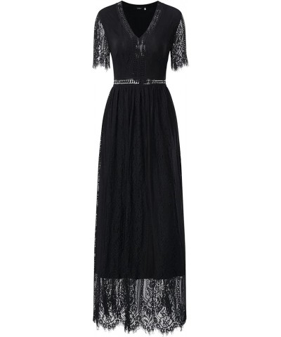 Women's Elegant Causal V-Neck Short Sleeve Wedding Bridesmaid Party Lace Maxi Dress 891a-1-2 Black $18.45 Dresses