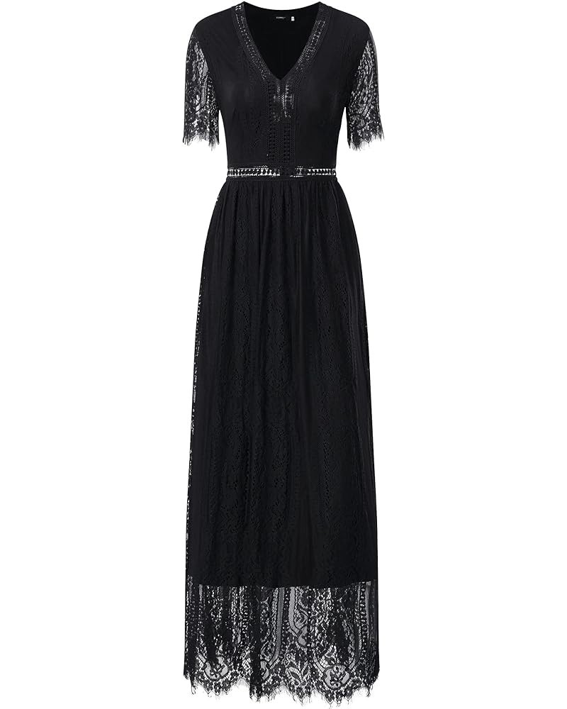 Women's Elegant Causal V-Neck Short Sleeve Wedding Bridesmaid Party Lace Maxi Dress 891a-1-2 Black $18.45 Dresses