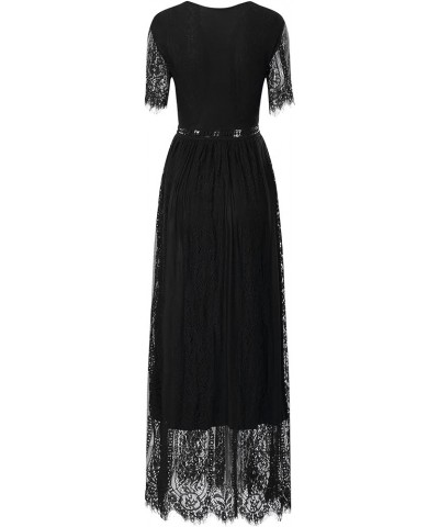 Women's Elegant Causal V-Neck Short Sleeve Wedding Bridesmaid Party Lace Maxi Dress 891a-1-2 Black $18.45 Dresses