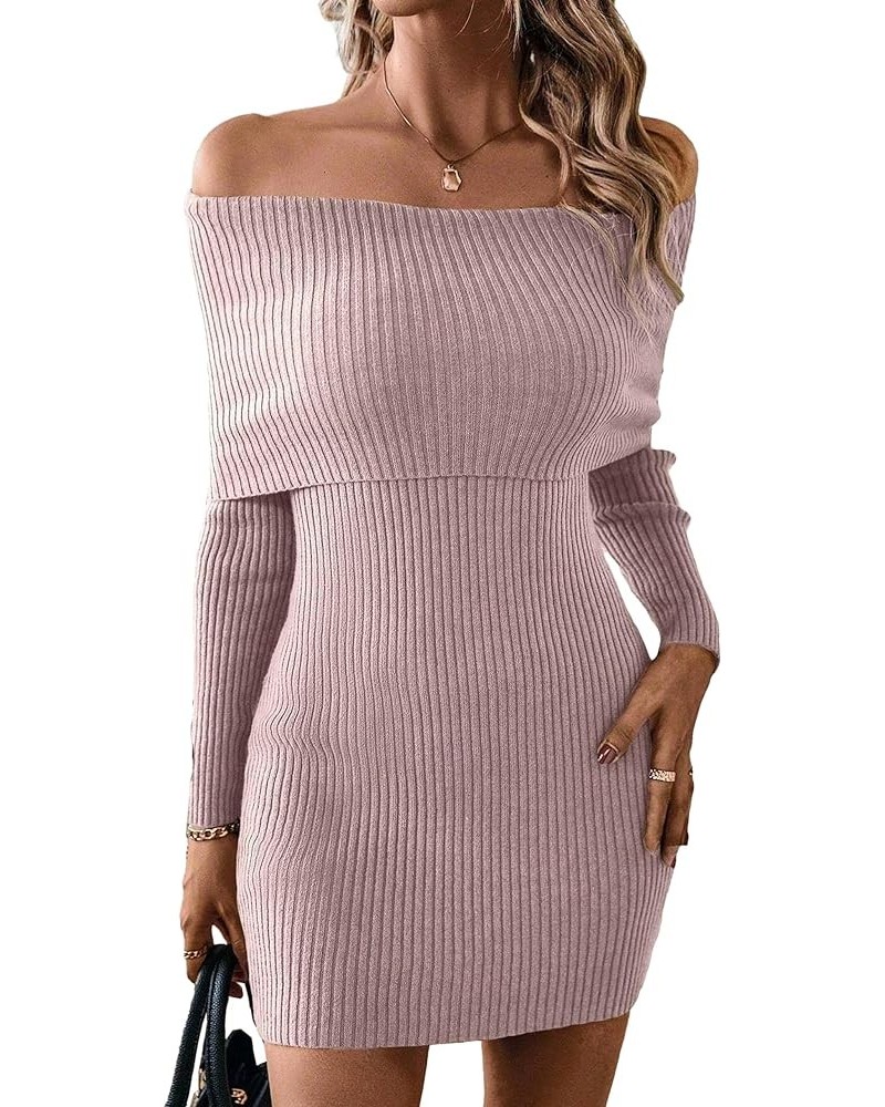 Women Off Shoulder Long Sleeve Sweater Mini Dress Casual Fold Over Rib Knit Slim Fit Elegant Bodycon Short Dresses Dusty Pink...