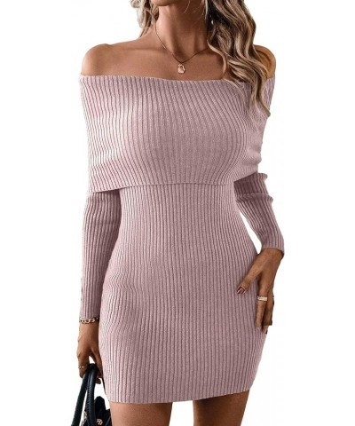 Women Off Shoulder Long Sleeve Sweater Mini Dress Casual Fold Over Rib Knit Slim Fit Elegant Bodycon Short Dresses Dusty Pink...