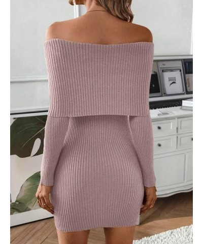 Women Off Shoulder Long Sleeve Sweater Mini Dress Casual Fold Over Rib Knit Slim Fit Elegant Bodycon Short Dresses Dusty Pink...