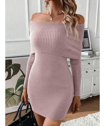 Women Off Shoulder Long Sleeve Sweater Mini Dress Casual Fold Over Rib Knit Slim Fit Elegant Bodycon Short Dresses Dusty Pink...