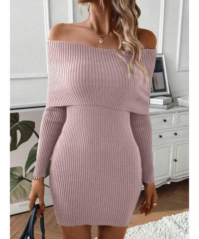 Women Off Shoulder Long Sleeve Sweater Mini Dress Casual Fold Over Rib Knit Slim Fit Elegant Bodycon Short Dresses Dusty Pink...