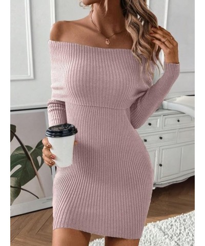 Women Off Shoulder Long Sleeve Sweater Mini Dress Casual Fold Over Rib Knit Slim Fit Elegant Bodycon Short Dresses Dusty Pink...