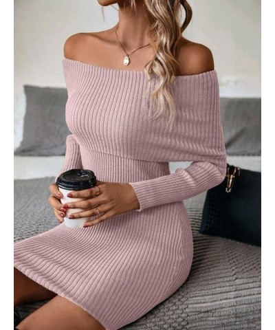 Women Off Shoulder Long Sleeve Sweater Mini Dress Casual Fold Over Rib Knit Slim Fit Elegant Bodycon Short Dresses Dusty Pink...