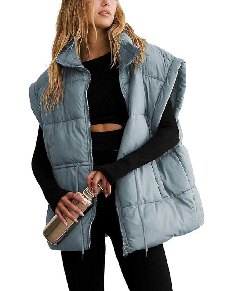 Women's Lightweight Down Puffer Vest Stand Collar Padded Gilet Jacket Adjustable Drawstring Outerwear Dustyblue $14.57 Vests