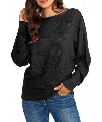 Womens 2023 Winter Loose Boat Neck Batwing Sweater Top Soft Solid Plaid Ribbed Knitted Pullover Sweaters A-black $15.05 Sweaters