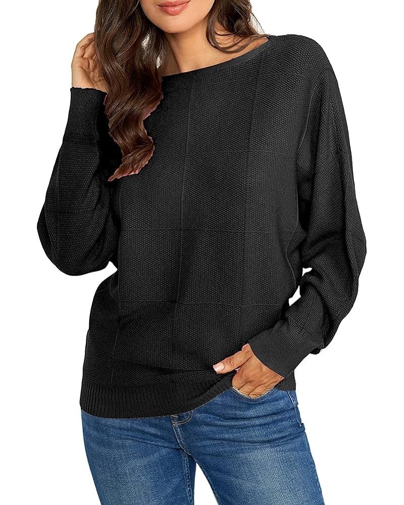 Womens 2023 Winter Loose Boat Neck Batwing Sweater Top Soft Solid Plaid Ribbed Knitted Pullover Sweaters A-black $15.05 Sweaters