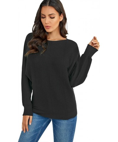 Womens 2023 Winter Loose Boat Neck Batwing Sweater Top Soft Solid Plaid Ribbed Knitted Pullover Sweaters A-black $15.05 Sweaters