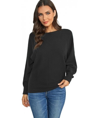 Womens 2023 Winter Loose Boat Neck Batwing Sweater Top Soft Solid Plaid Ribbed Knitted Pullover Sweaters A-black $15.05 Sweaters