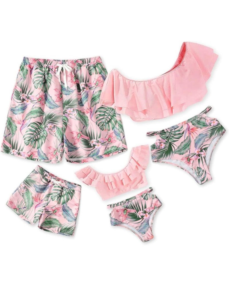 Family Matching Swimsuits Two Pieces Ruffles Bikini Set Mommy and Me Bathing Suits Women Pink $15.11 Swimsuits